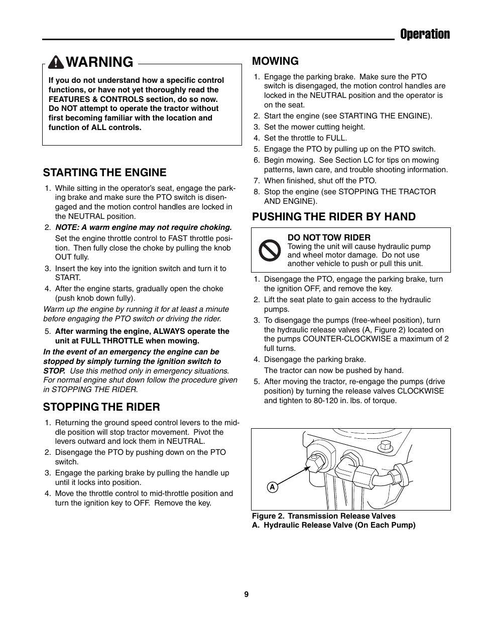 Warning, Operation, Starting the engine | Stopping the rider, Mowing, Pushing the rider by hand | Snapper ZT20501BV User Manual | Page 10 / 30