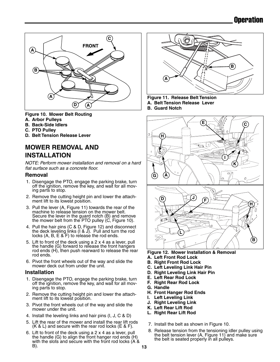 Operation, Mower removal and installation | Snapper ZT20501BV User Manual | Page 14 / 30