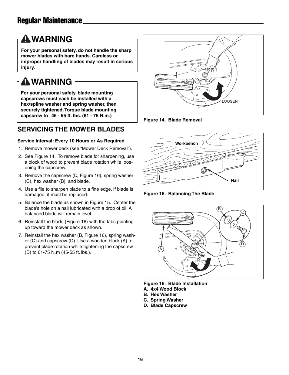 Regular maintenance, Warning, Servicing the mower blades | Snapper ZT20501BV User Manual | Page 17 / 30