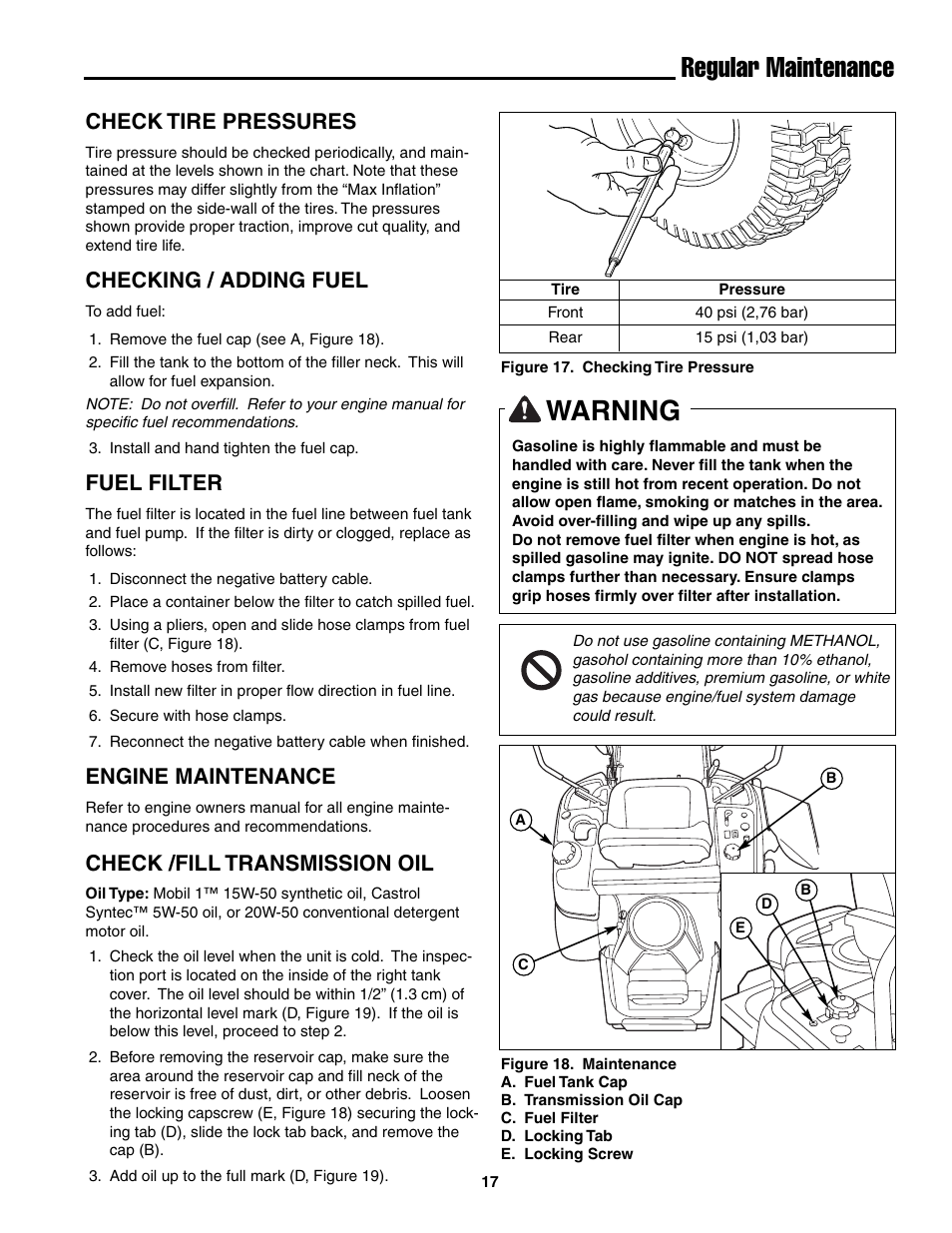 Warning, Regular maintenance, Check tire pressures | Checking / adding fuel, Fuel filter, Engine maintenance, Check /fill transmission oil | Snapper ZT20501BV User Manual | Page 18 / 30