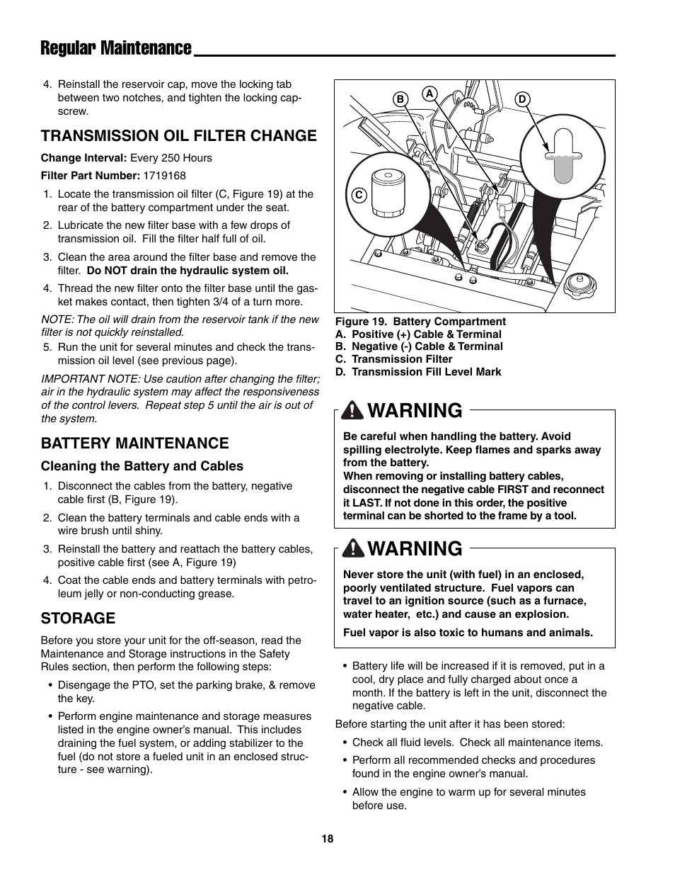 Regular maintenance, Warning, Transmission oil filter change | Battery maintenance, Storage | Snapper ZT20501BV User Manual | Page 19 / 30