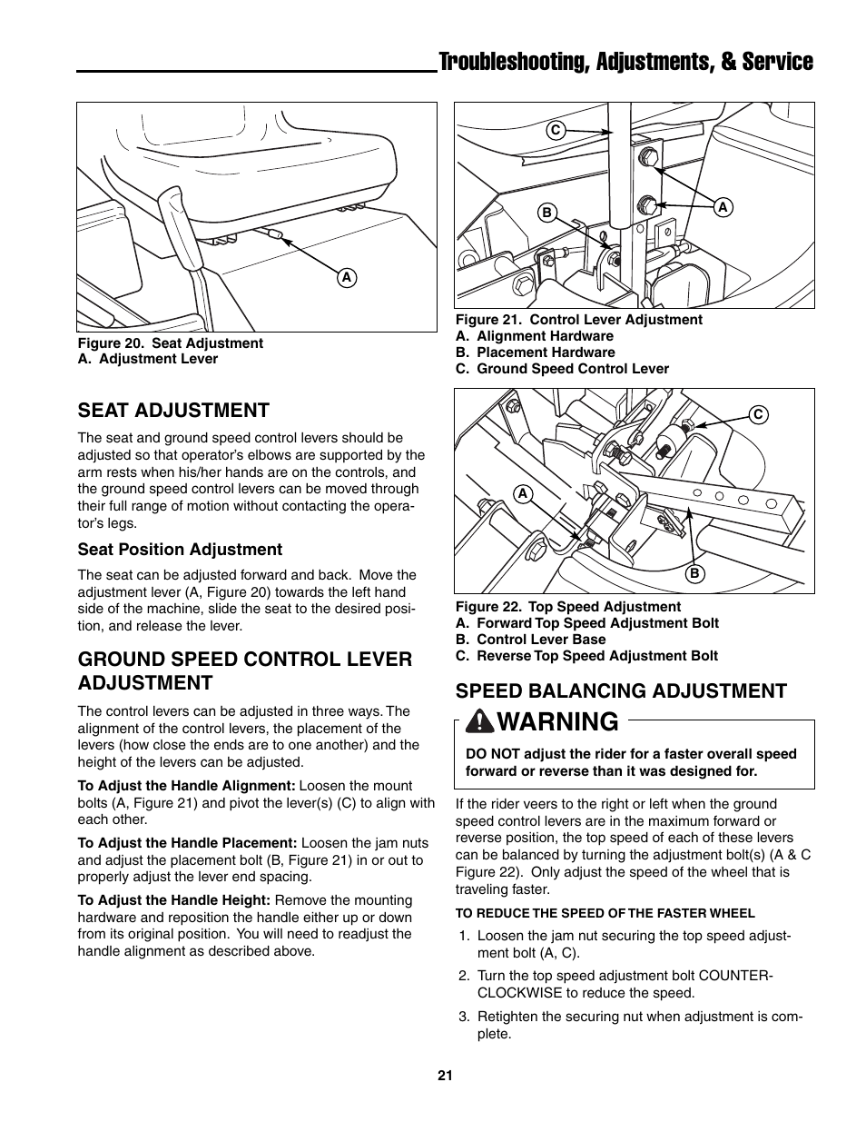 Troubleshooting, adjustments, & service, Warning, Seat adjustment | Ground speed control lever adjustment, Speed balancing adjustment | Snapper ZT20501BV User Manual | Page 22 / 30