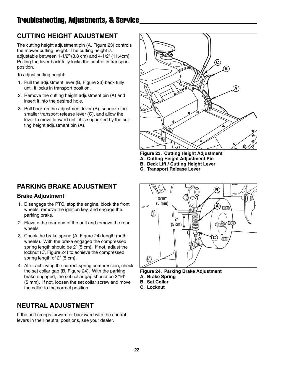 Troubleshooting, adjustments, & service, Parking brake adjustment, Neutral adjustment | Cutting height adjustment | Snapper ZT20501BV User Manual | Page 23 / 30