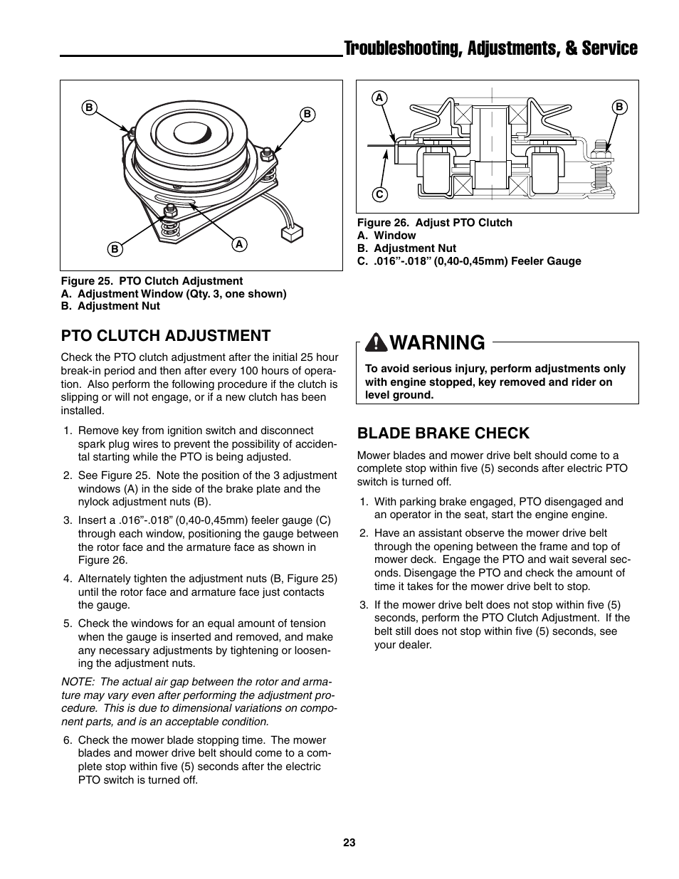 Warning, Troubleshooting, adjustments, & service, Pto clutch adjustment | Blade brake check | Snapper ZT20501BV User Manual | Page 24 / 30