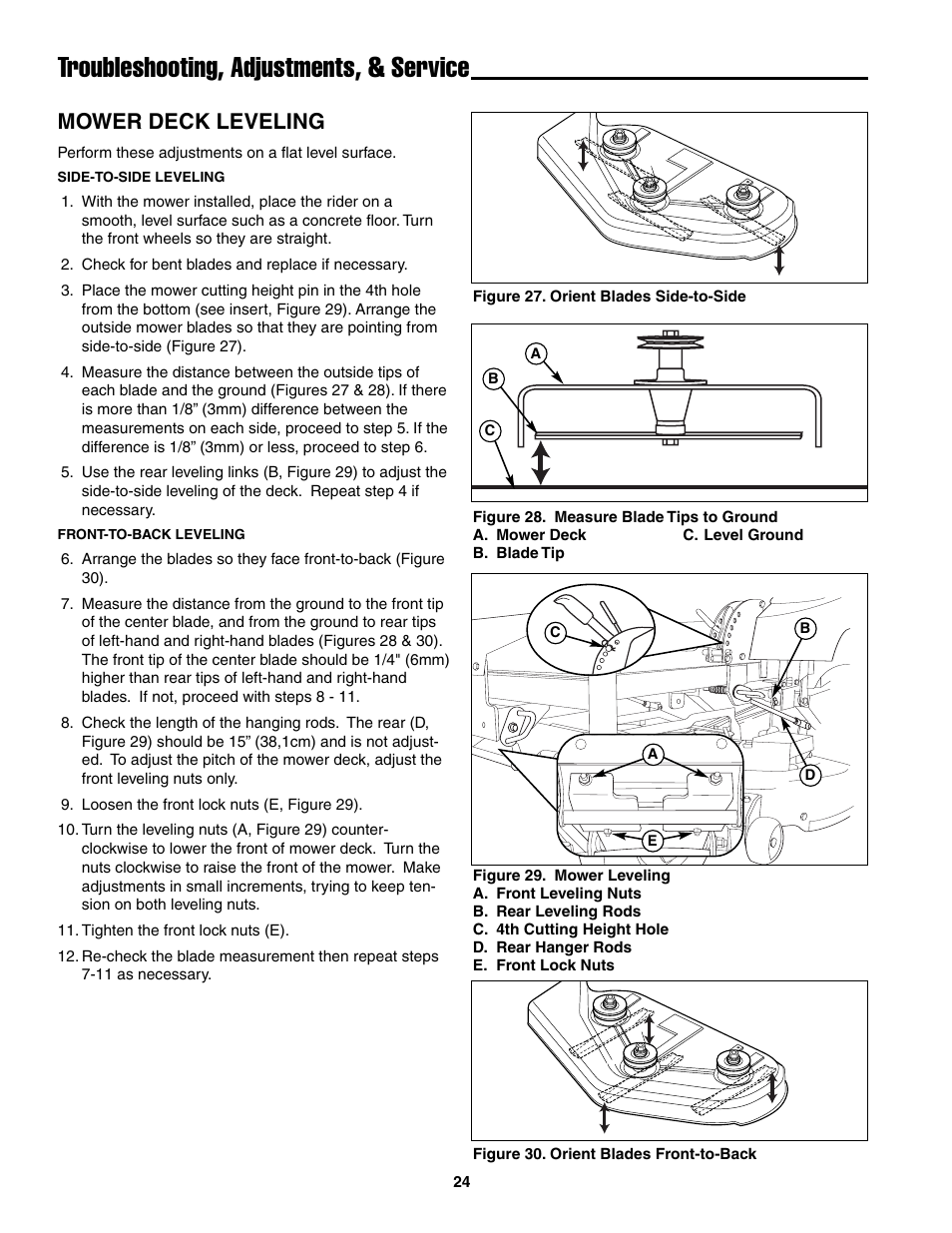 Troubleshooting, adjustments, & service, Mower deck leveling | Snapper ZT20501BV User Manual | Page 25 / 30