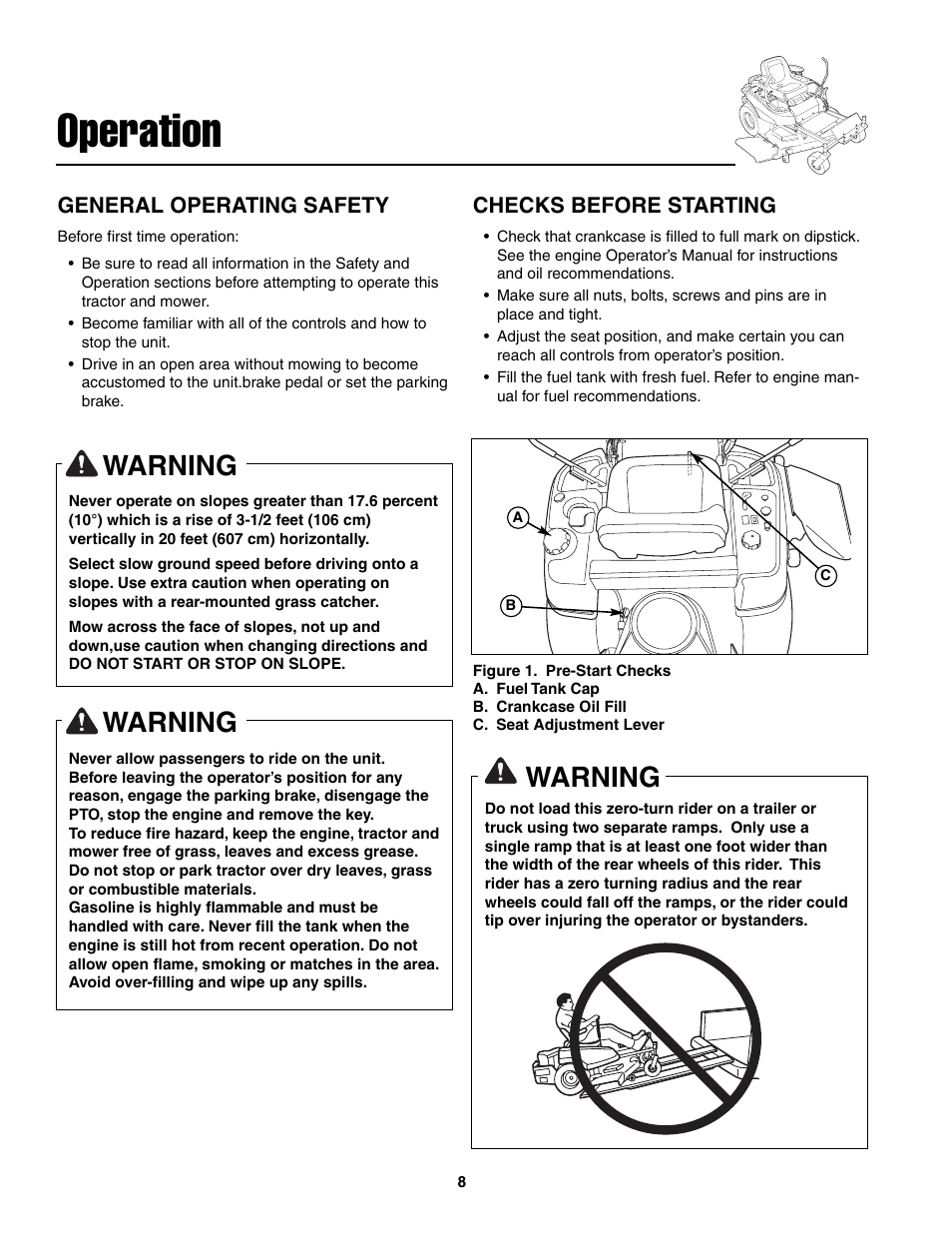 Operation, Warning, General operating safety | Checks before starting | Snapper ZT20501BV User Manual | Page 9 / 30