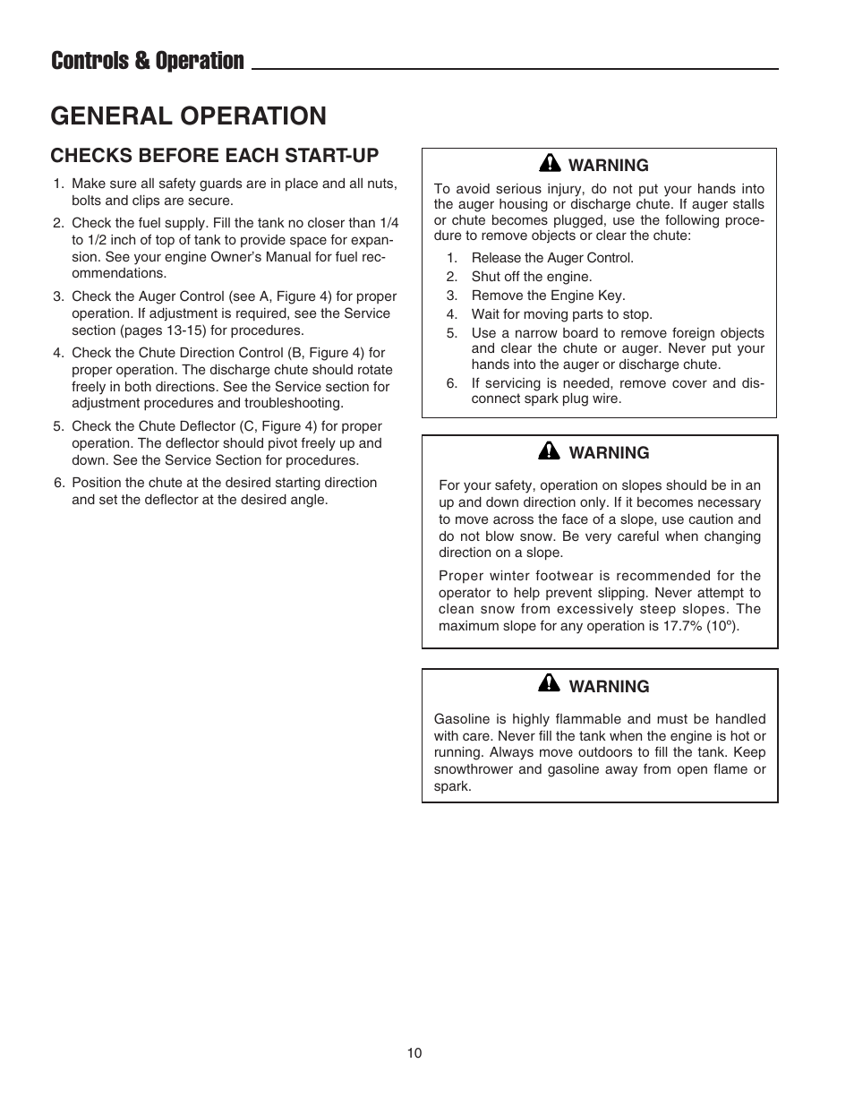 General operation, Controls & operation, Checks before each start-up | Snapper 520E User Manual | Page 11 / 20