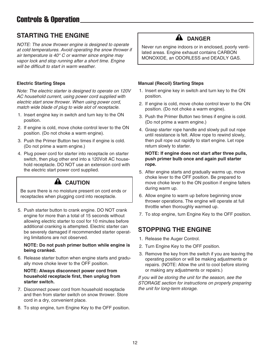 Controls & operation, Starting the engine, Stopping the engine | Snapper 520E User Manual | Page 13 / 20