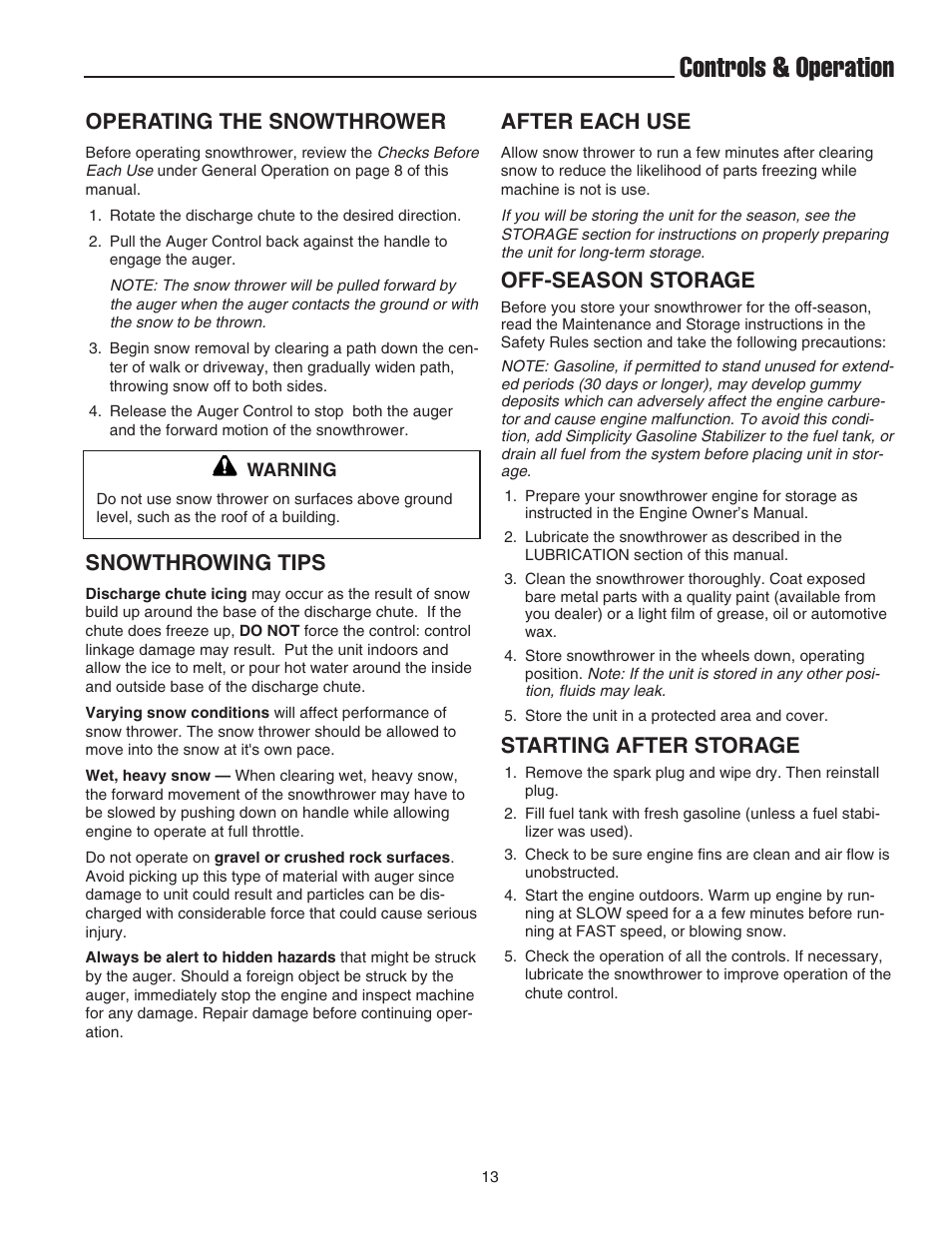 Controls & operation, Operating the snowthrower, Snowthrowing tips | After each use, Off-season storage, Starting after storage | Snapper 520E User Manual | Page 14 / 20