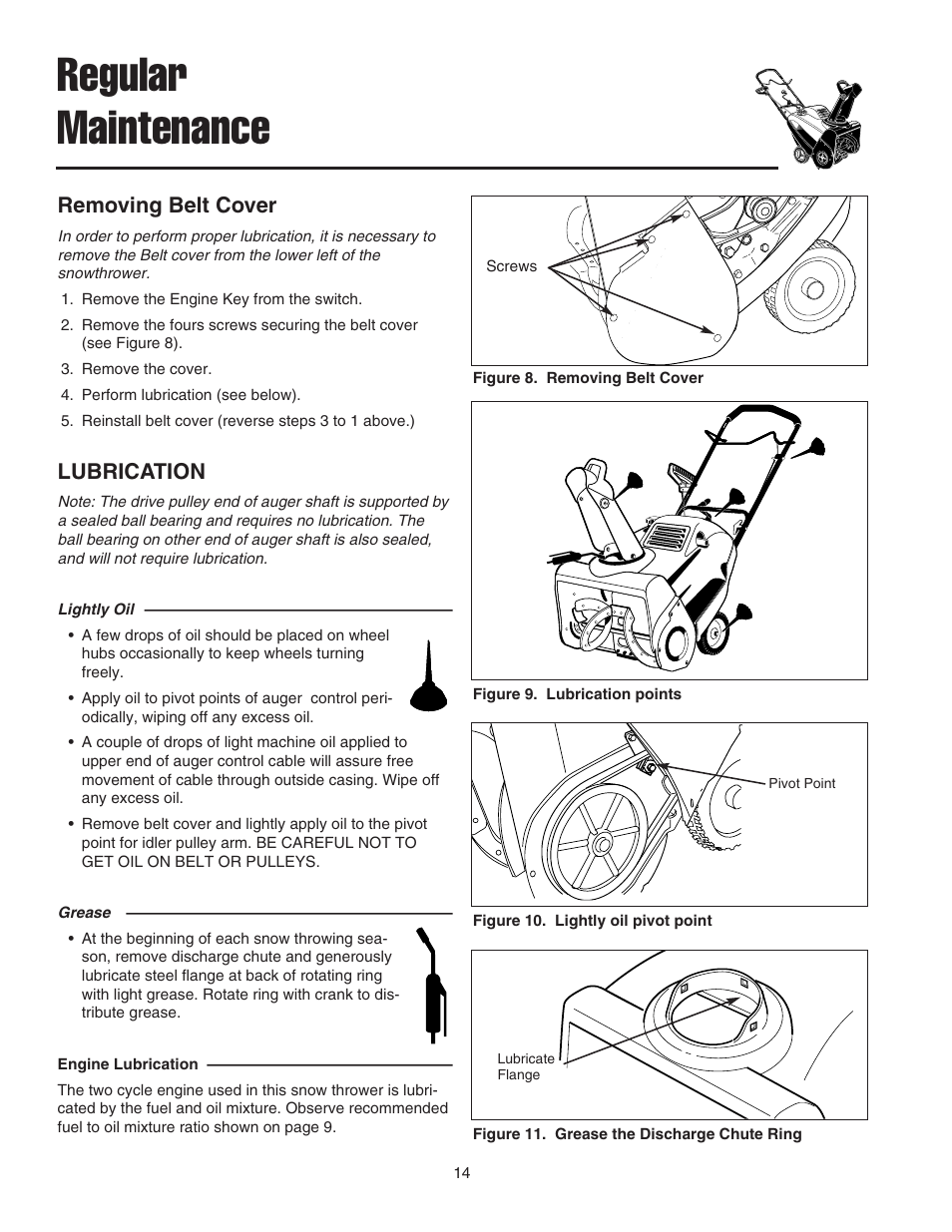 Regular maintenance, Removing belt cover, Lubrication | Snapper 520E User Manual | Page 15 / 20