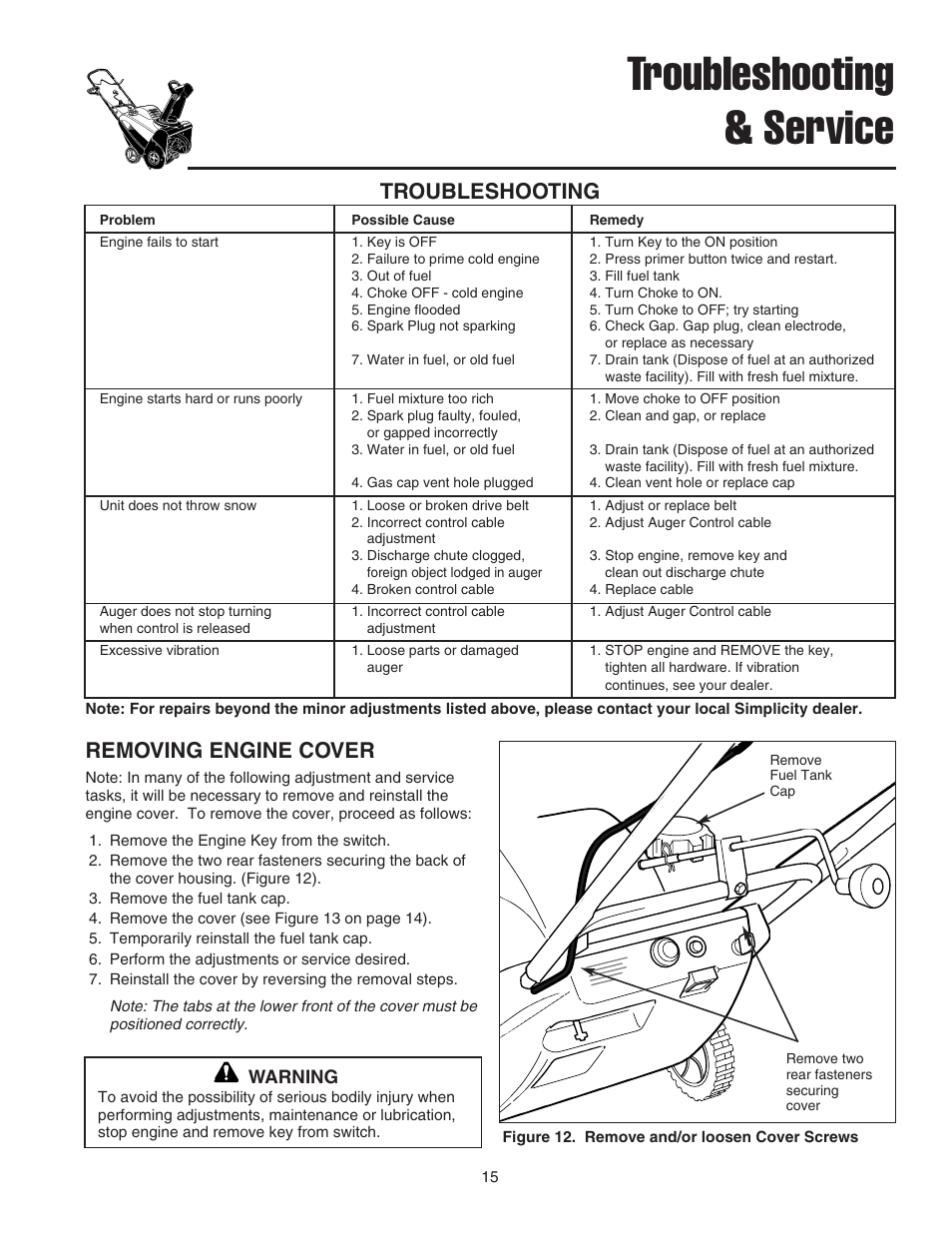 Troubleshooting & service, Troubleshooting, Removing engine cover | Snapper 520E User Manual | Page 16 / 20