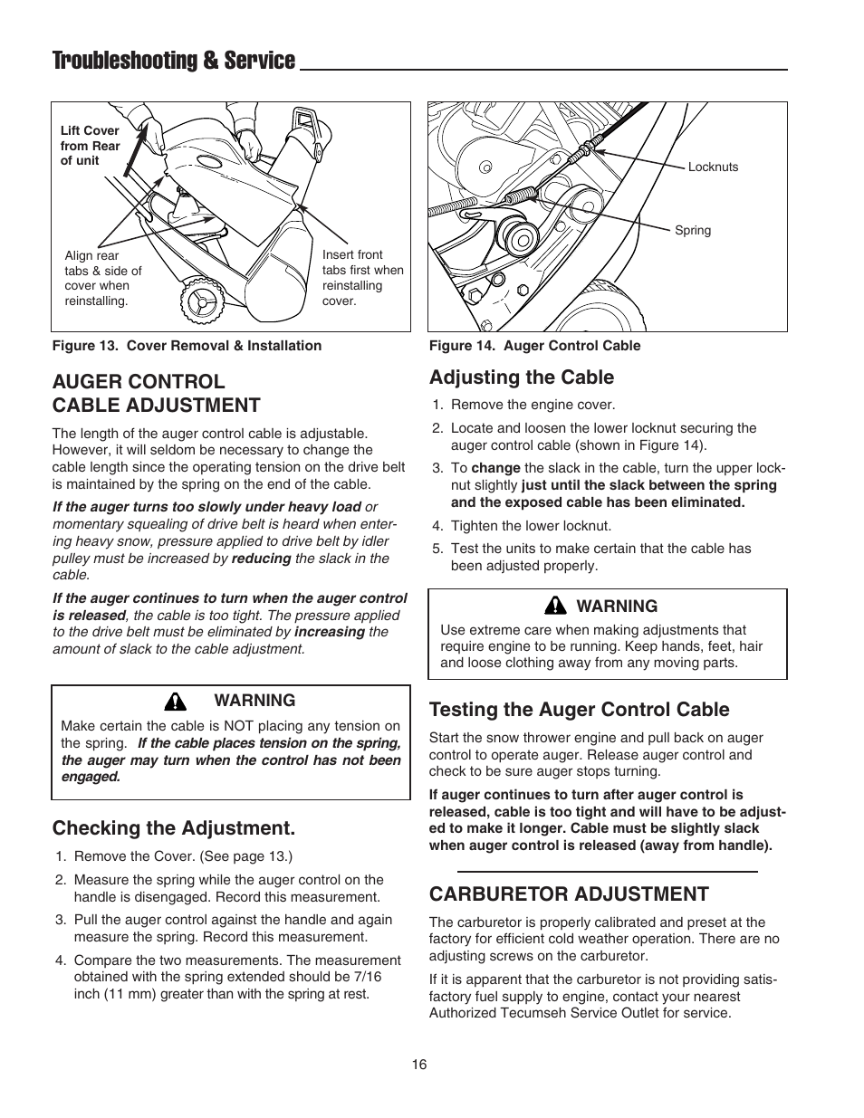 Troubleshooting & service, Adjusting the cable, Testing the auger control cable | Carburetor adjustment, Auger control cable adjustment, Checking the adjustment | Snapper 520E User Manual | Page 17 / 20