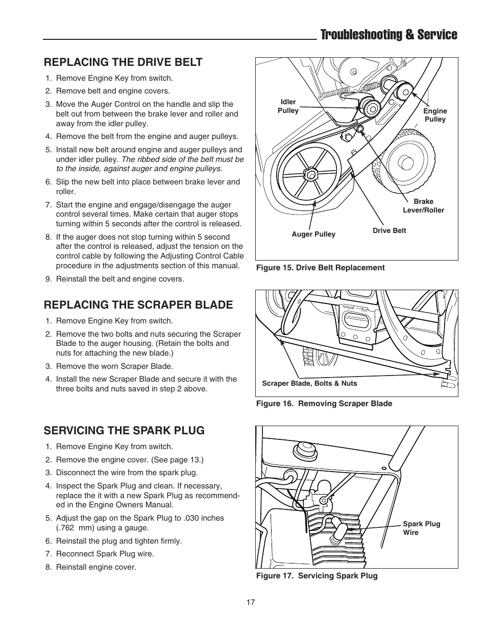 Troubleshooting & service, Replacing the drive belt, Replacing the scraper blade | Servicing the spark plug | Snapper 520E User Manual | Page 18 / 20