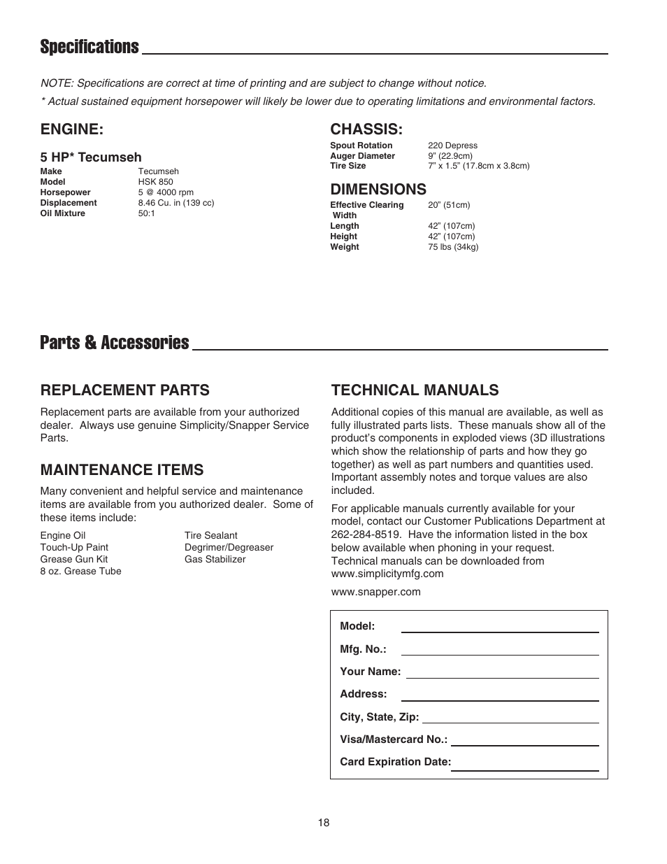 Specifications parts & accessories, Engine, Chassis | Dimensions, Replacement parts, Technical manuals, Maintenance items | Snapper 520E User Manual | Page 19 / 20