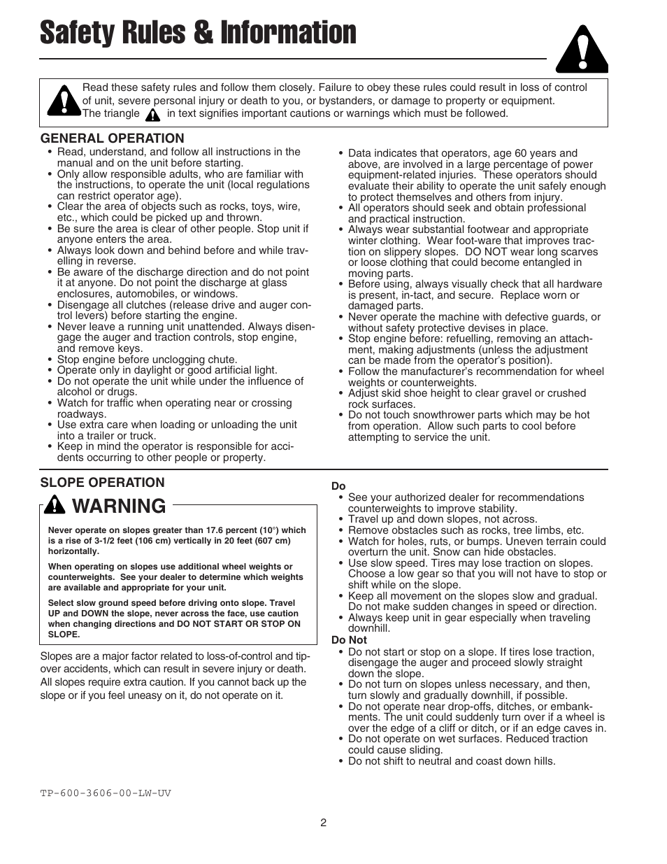 Safety rules & information, Warning | Snapper 520E User Manual | Page 3 / 20