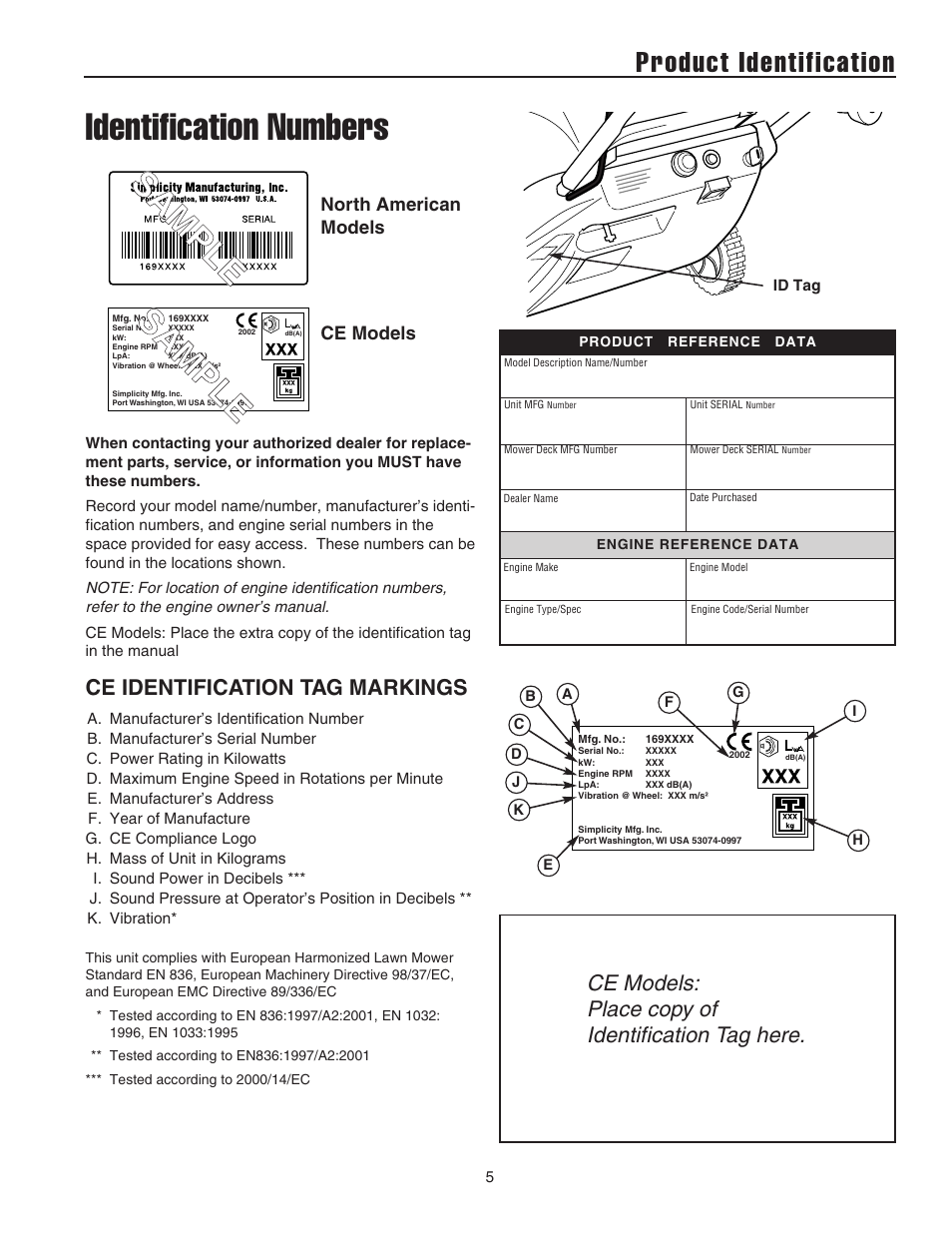 Identification numbers, Product identification, Ce models: place copy of identification tag here | Ce identification tag markings | Snapper 520E User Manual | Page 6 / 20