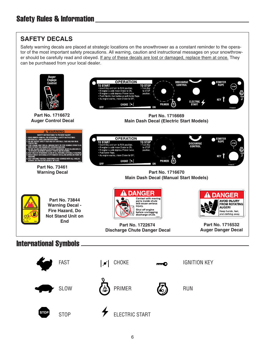 Safety rules & information, International symbols, Safety decals | Snapper 520E User Manual | Page 7 / 20