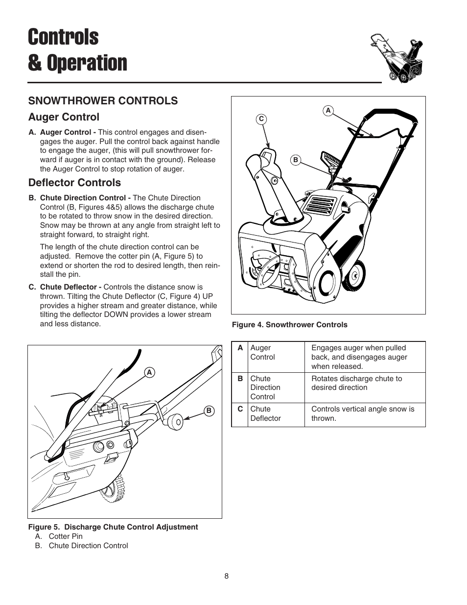 Controls & operation, Snowthrower controls auger control, Deflector controls | Snapper 520E User Manual | Page 9 / 20