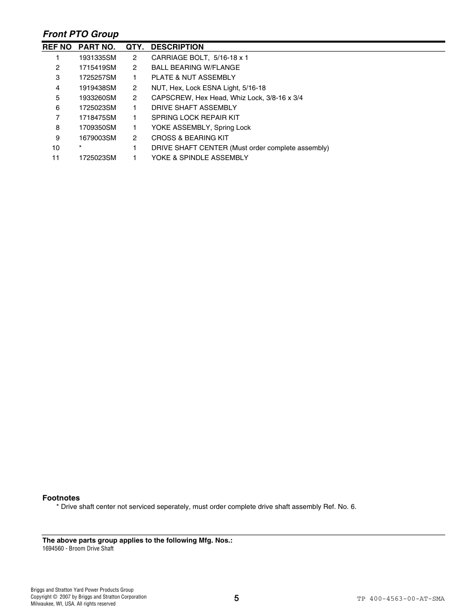 Front pto group | Snapper 4563 User Manual | Page 5 / 8
