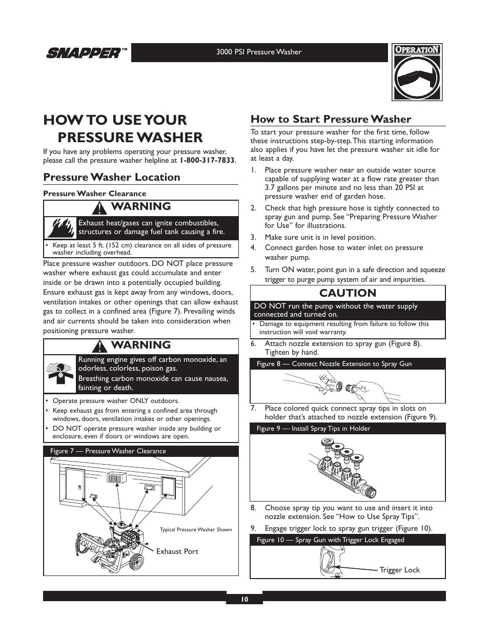 How to use your pressure washer, Pressure washer location, How to start pressure washer | Caution, Warning | Snapper 020231-2 User Manual | Page 10 / 40