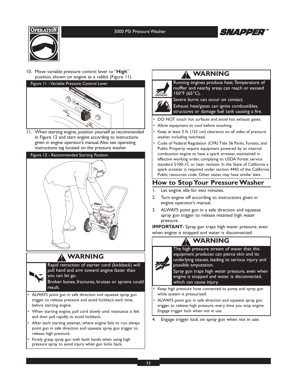 How to stop your pressure washer, Warning | Snapper 020231-2 User Manual | Page 11 / 40