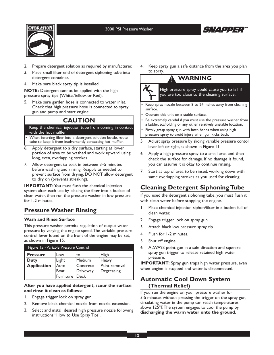 Pressure washer rinsing, Cleaning detergent siphoning tube, Automatic cool down system | Caution, Warning | Snapper 020231-2 User Manual | Page 13 / 40