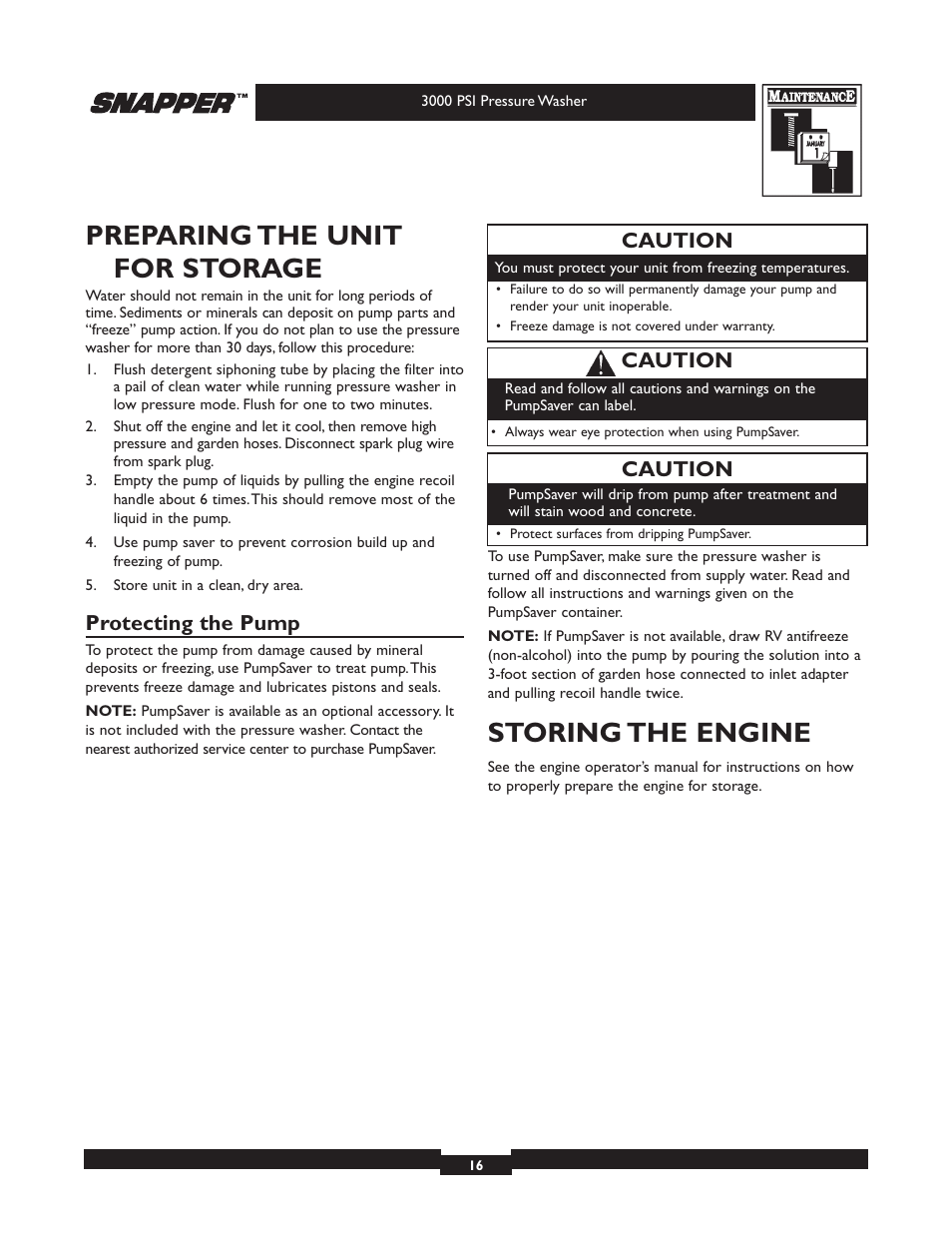 Preparing the unit for storage, Storing the engine, Protecting the pump | Caution | Snapper 020231-2 User Manual | Page 16 / 40