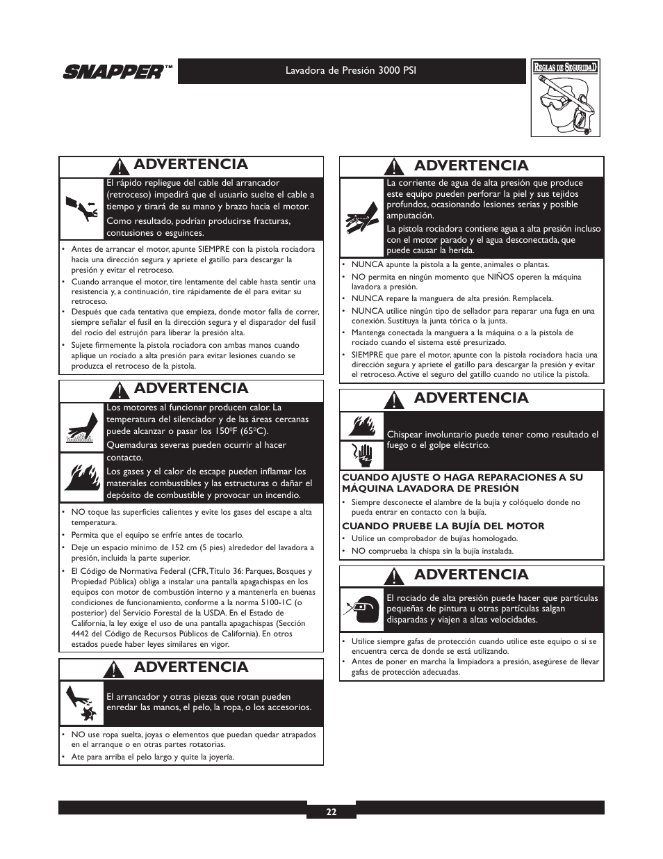 Advertencia | Snapper 020231-2 User Manual | Page 22 / 40