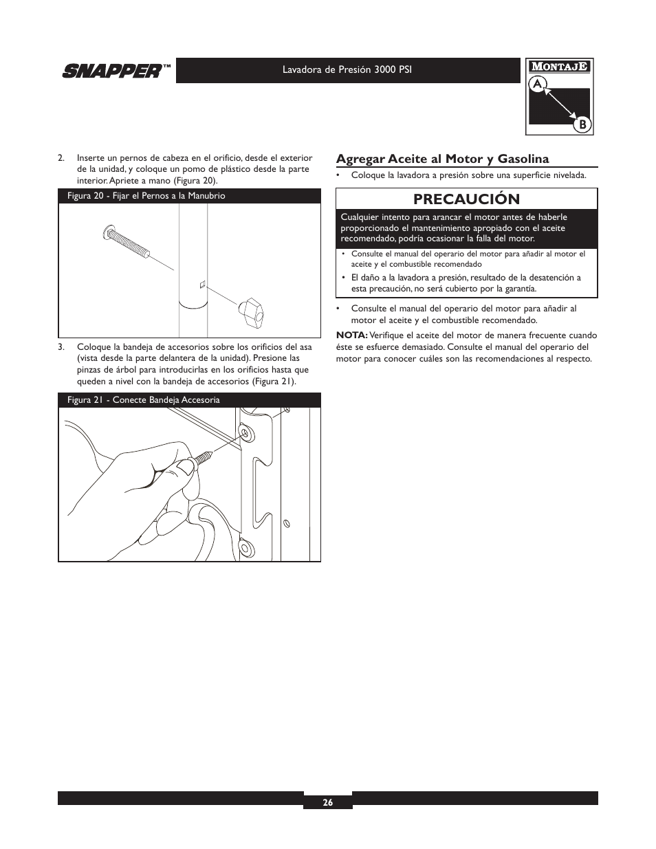 Precaución, Agregar aceite al motor y gasolina | Snapper 020231-2 User Manual | Page 26 / 40