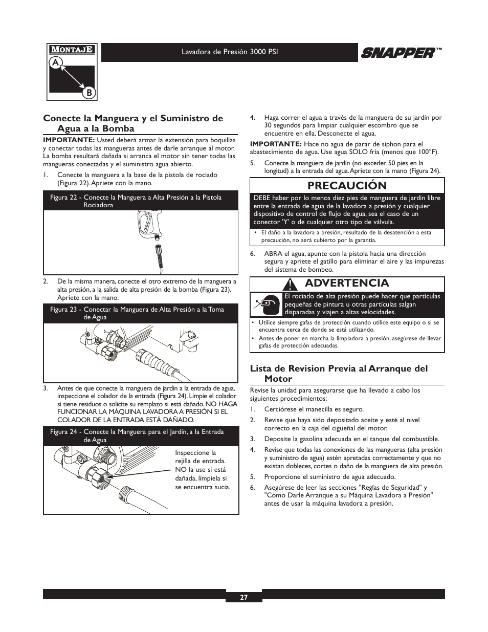 Precaución, Advertencia, Lista de revision previa al arranque del motor | Snapper 020231-2 User Manual | Page 27 / 40