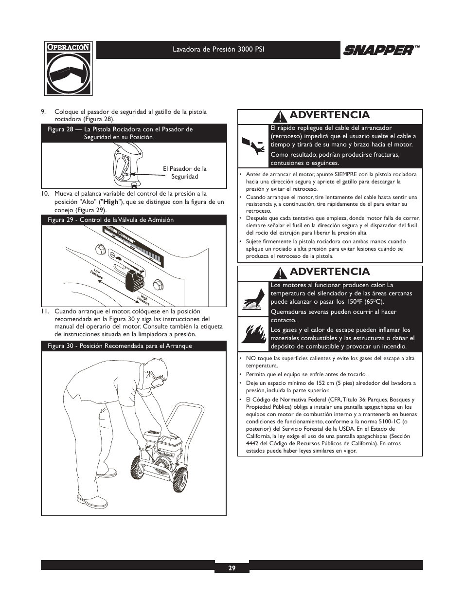 Advertencia | Snapper 020231-2 User Manual | Page 29 / 40