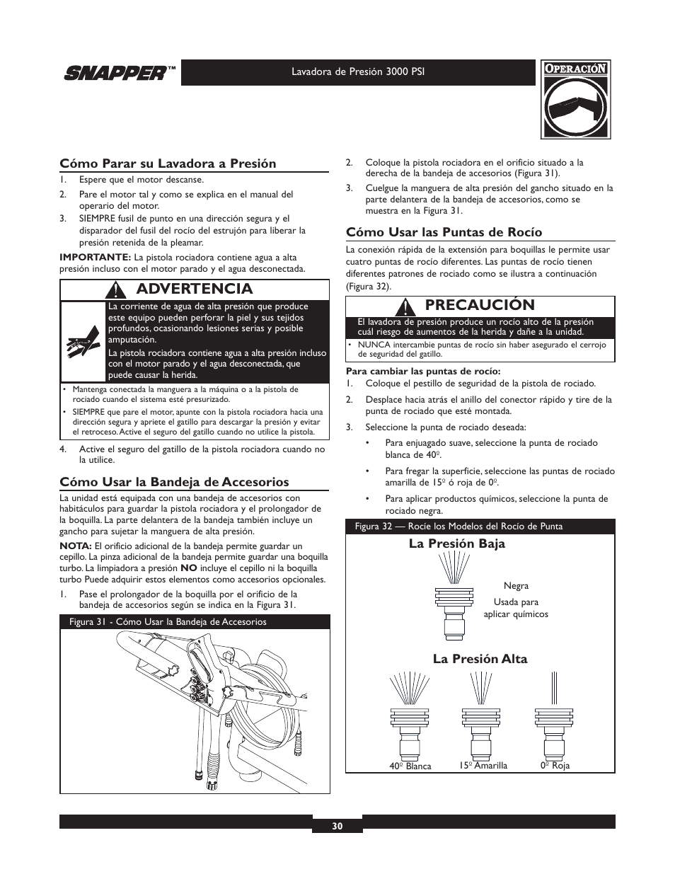 Advertencia, Precaución, Cómo parar su lavadora a presión | Cómo usar la bandeja de accesorios, Cómo usar las puntas de rocío, La presión baja la presión alta | Snapper 020231-2 User Manual | Page 30 / 40