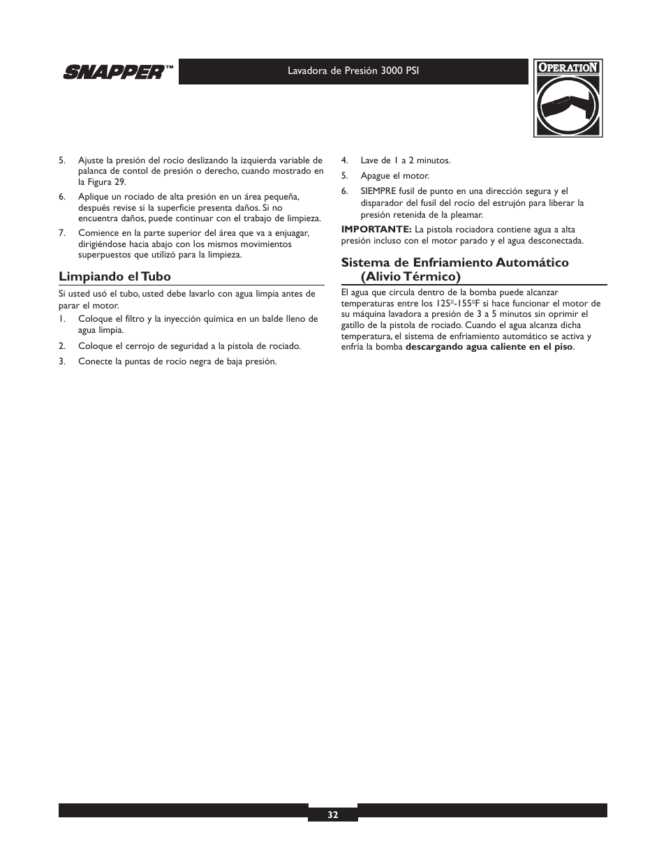 Limpiando el tubo | Snapper 020231-2 User Manual | Page 32 / 40