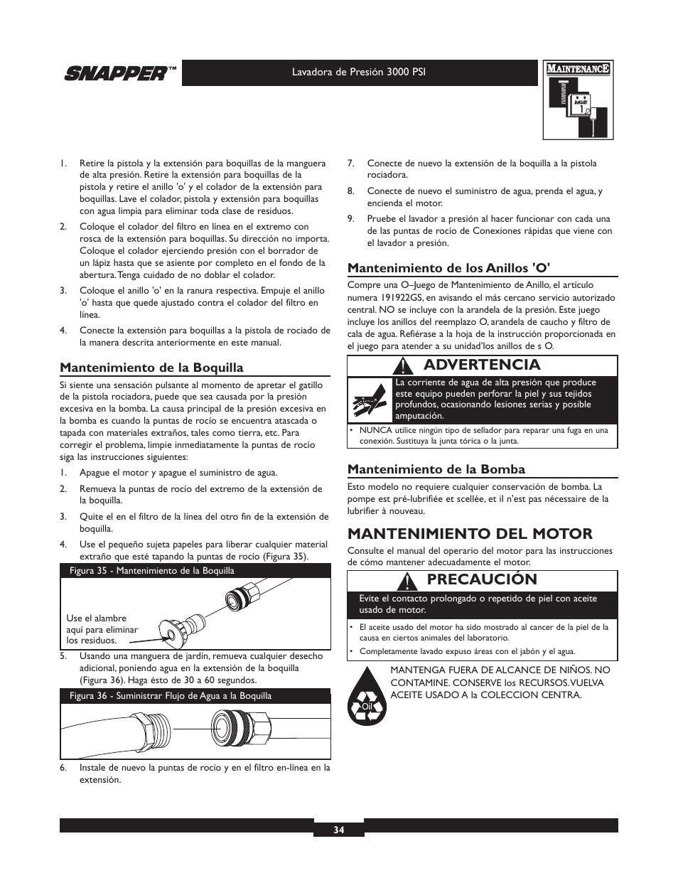 Mantenimiento del motor, Advertencia, Precaución | Mantenimiento de la boquilla, Mantenimiento de los anillos 'o, Mantenimiento de la bomba | Snapper 020231-2 User Manual | Page 34 / 40