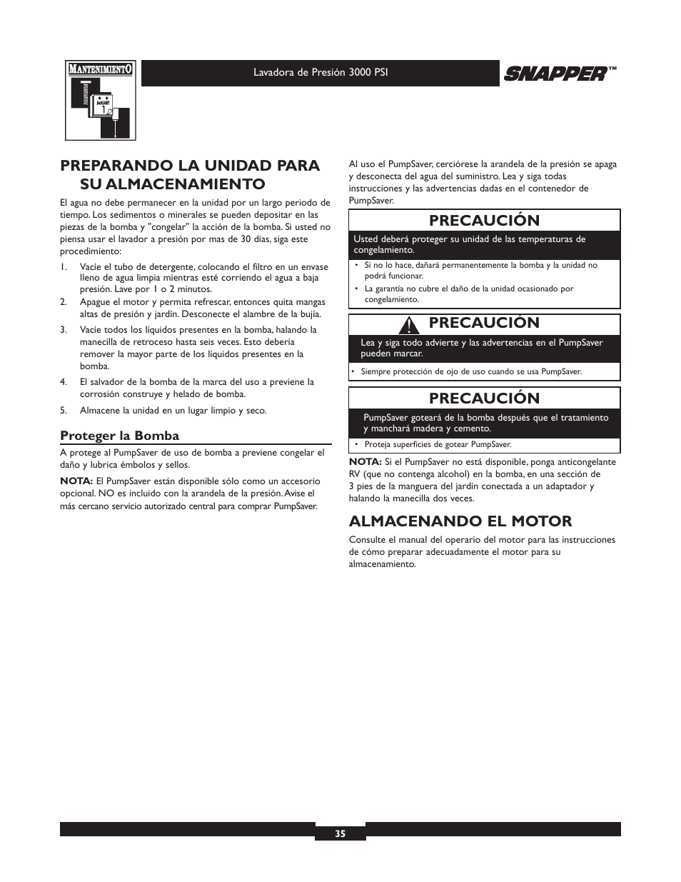 Preparando la unidad para su almacenamiento, Almacenando el motor, Precaución | Snapper 020231-2 User Manual | Page 35 / 40