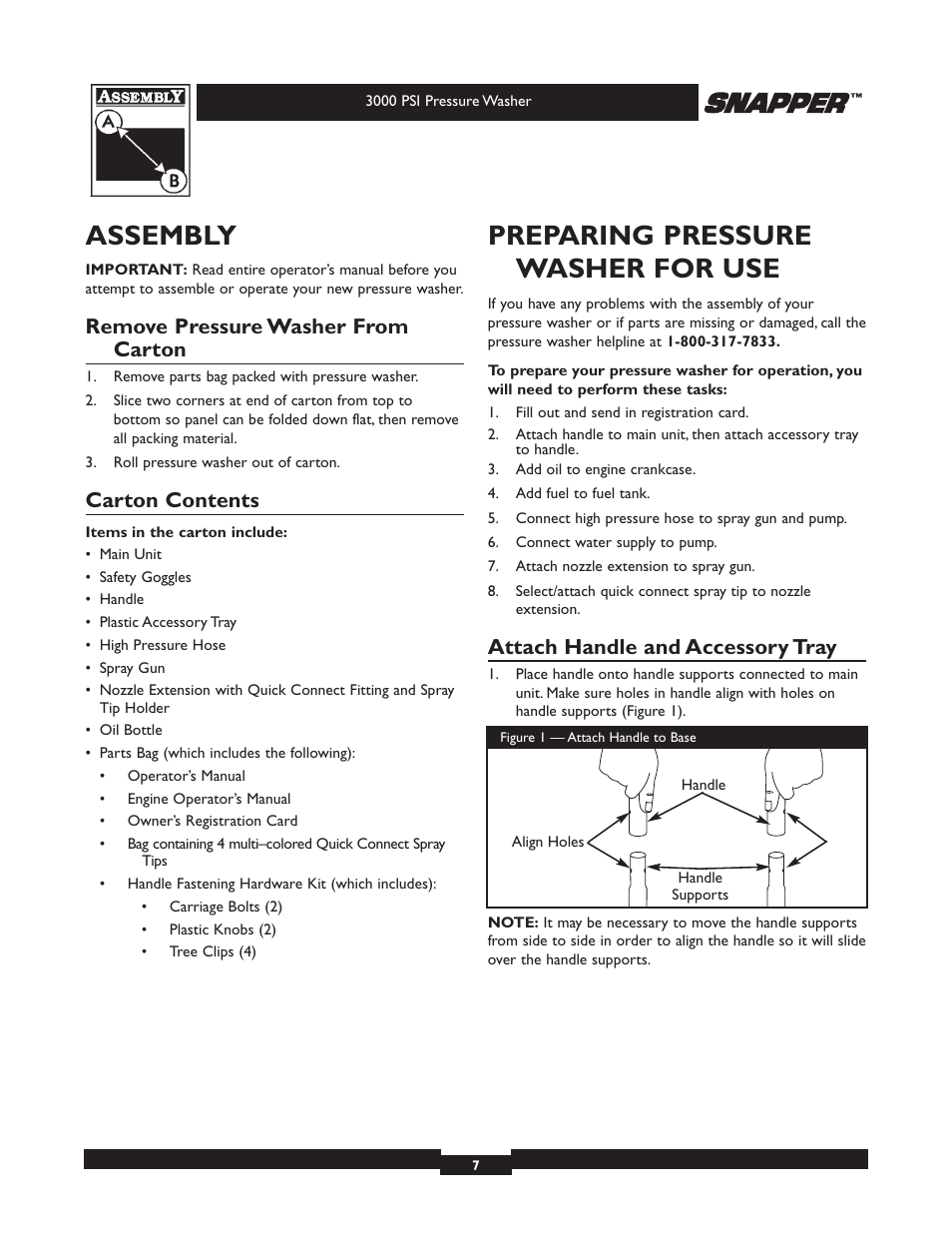 Assembly, Preparing pressure washer for use, Remove pressure washer from carton | Carton contents, Attach handle and accessory tray | Snapper 020231-2 User Manual | Page 7 / 40