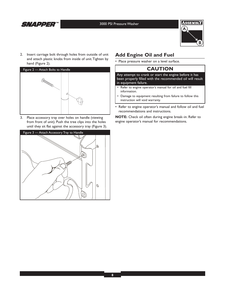 Add engine oil and fuel, Caution | Snapper 020231-2 User Manual | Page 8 / 40