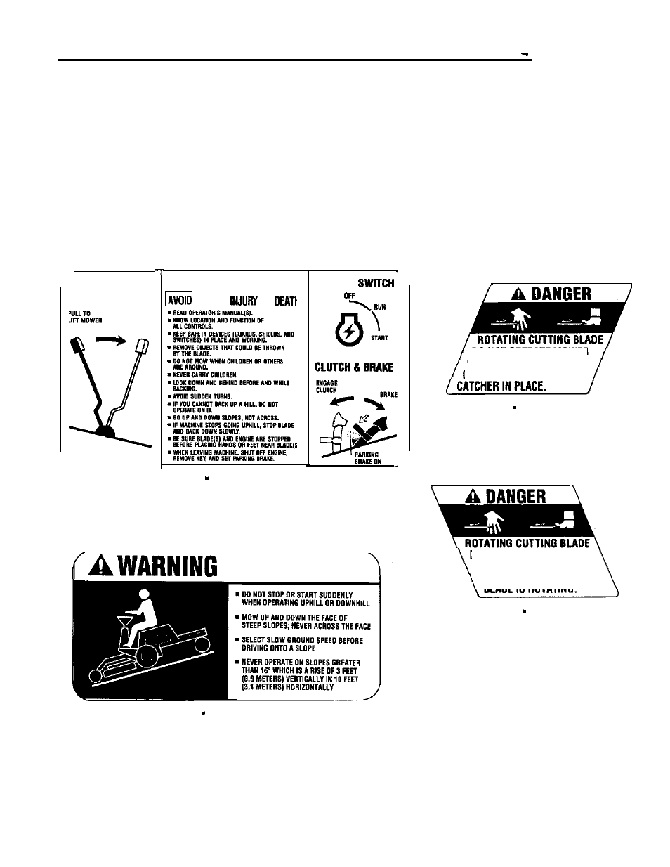 Safety decals, A warning | Snapper 1300 Series User Manual | Page 9 / 40