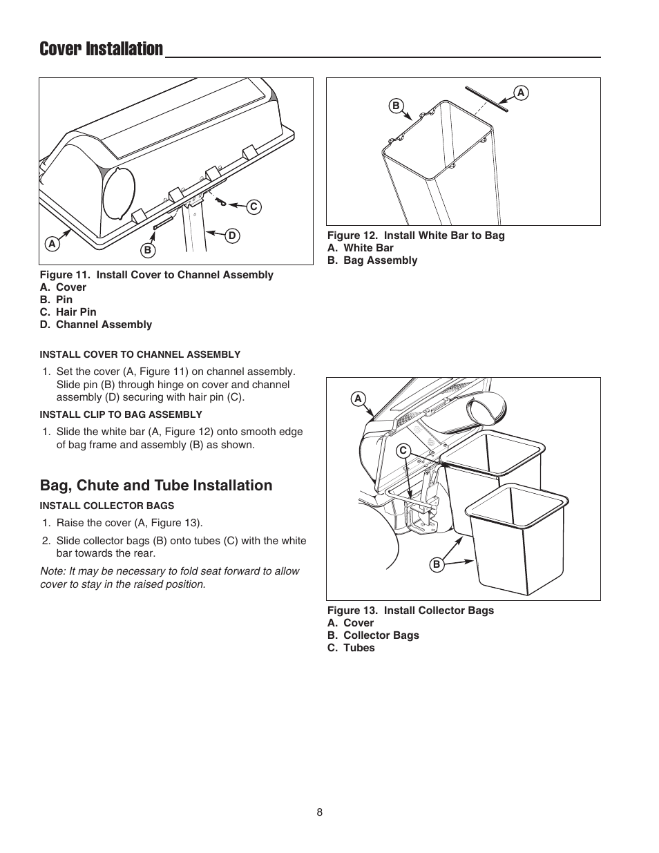 Cover installation, Bag, chute and tube installation | Snapper 1733419 User Manual | Page 10 / 14