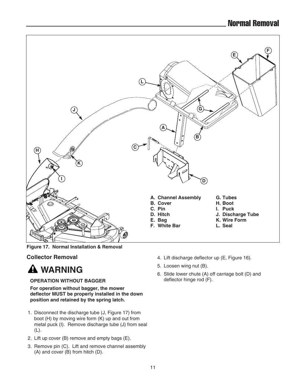 Normal removal, Warning | Snapper 1733419 User Manual | Page 13 / 14