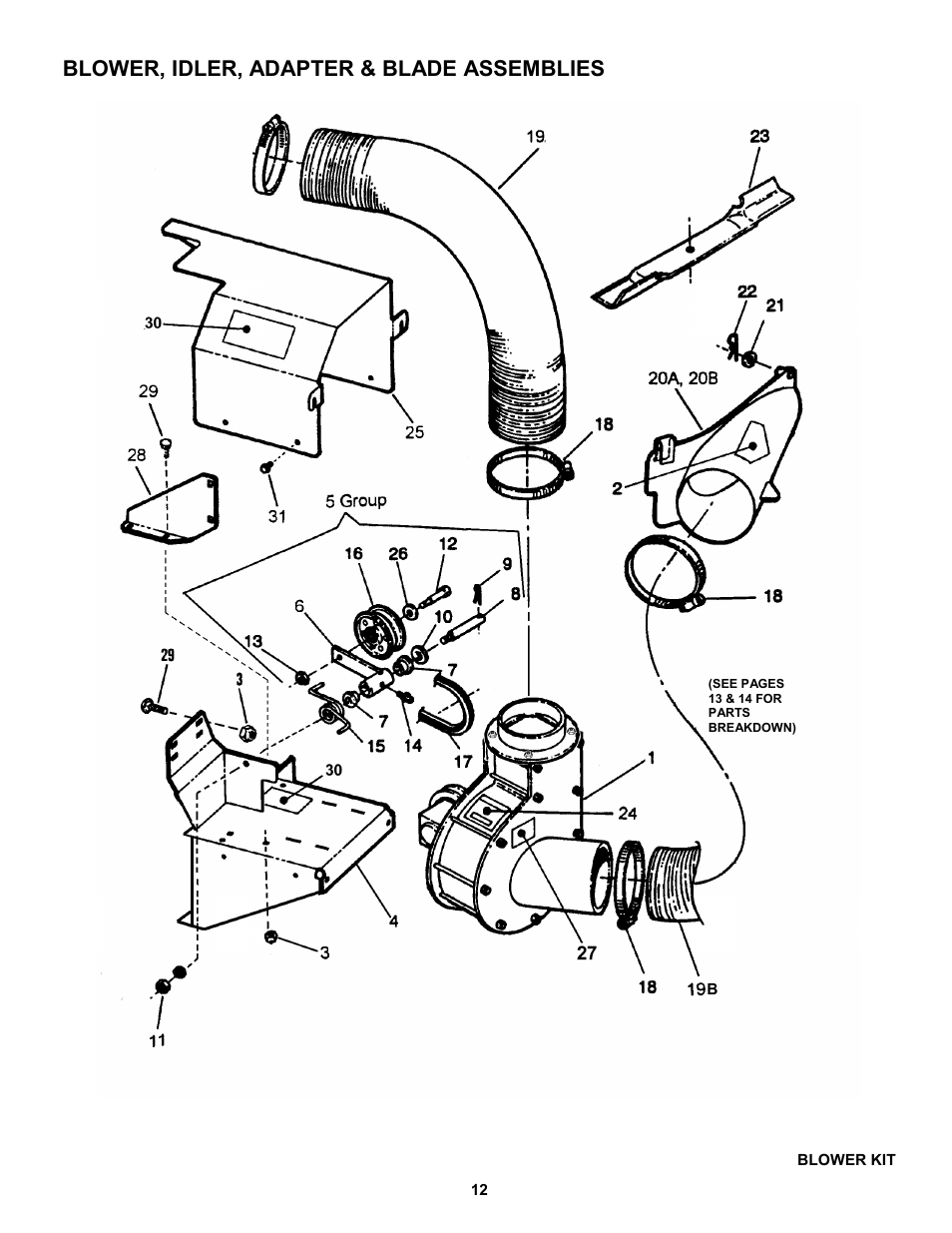 Blower, idler, adapter & blade assemblies | Snapper 7-3571 User Manual | Page 12 / 17