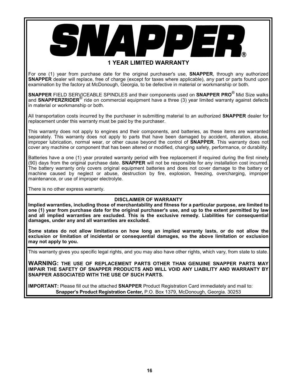 Snapper 7-3571 User Manual | Page 16 / 17
