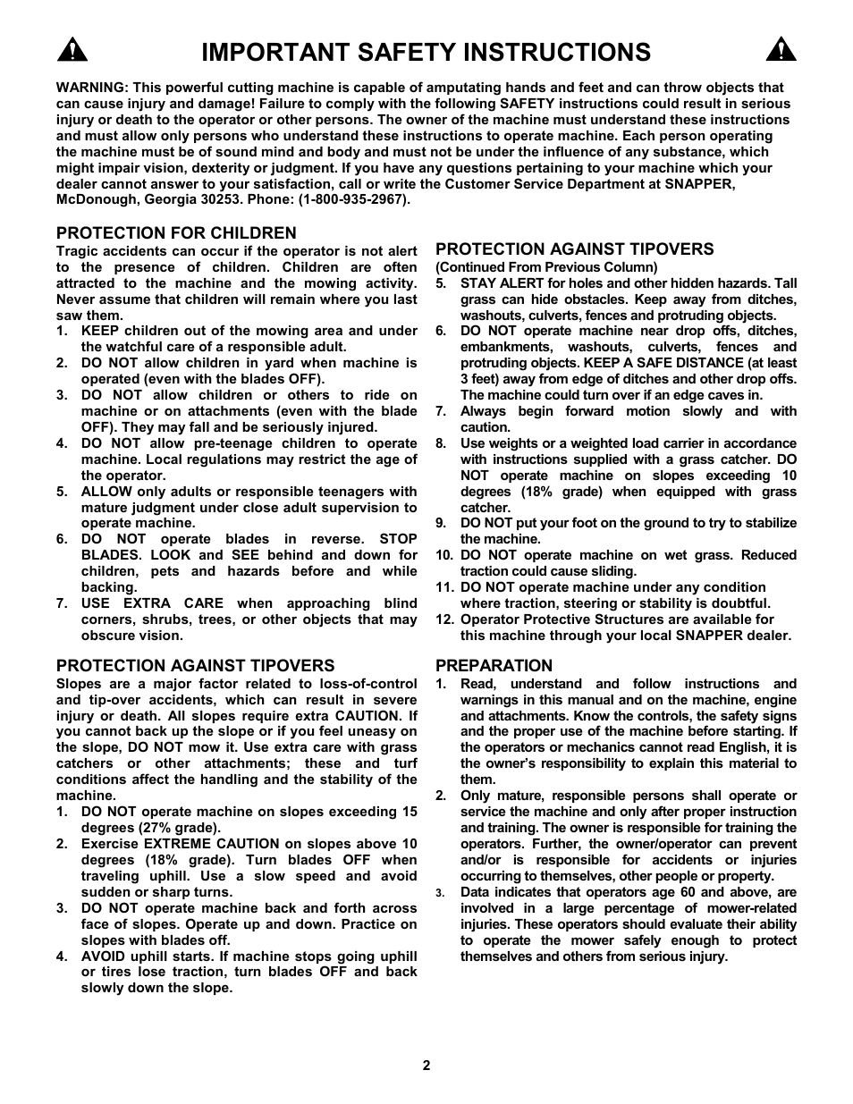 Important safety instructions | Snapper 7-3571 User Manual | Page 2 / 17