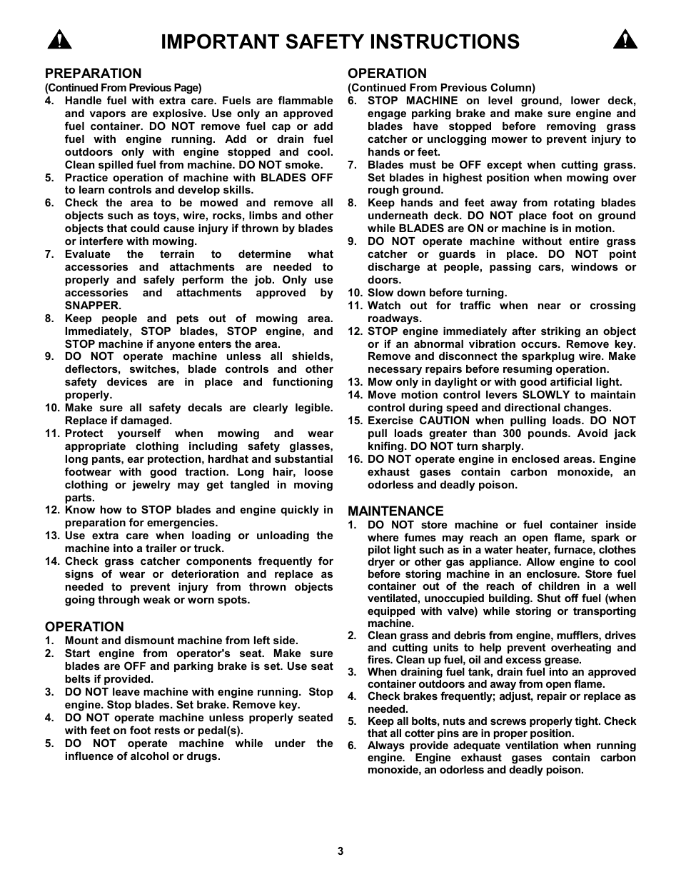 Important safety instructions | Snapper 7-3571 User Manual | Page 3 / 17