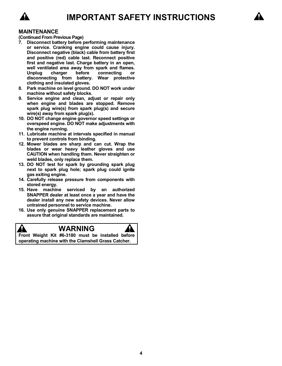 Important safety instructions, Warning | Snapper 7-3571 User Manual | Page 4 / 17