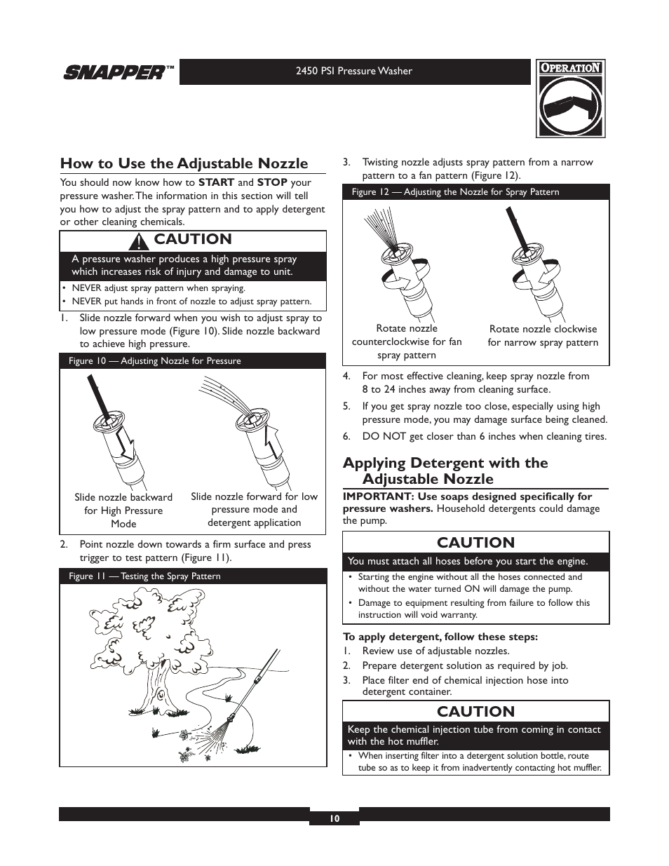 How to use the adjustable nozzle, Applying detergent with the adjustable nozzle, Caution | Snapper 020229 User Manual | Page 10 / 32