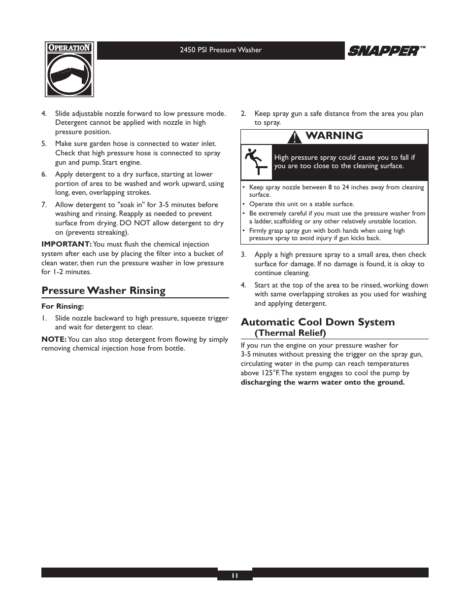 Pressure washer rinsing, Automatic cool down system, Warning | Snapper 020229 User Manual | Page 11 / 32