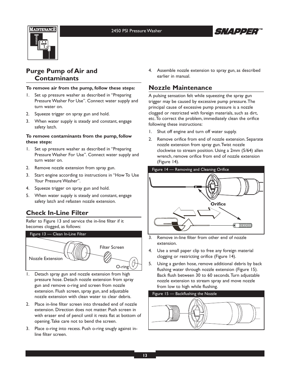 Purge pump of air and contaminants, Check in-line filter, Nozzle maintenance | Snapper 020229 User Manual | Page 13 / 32