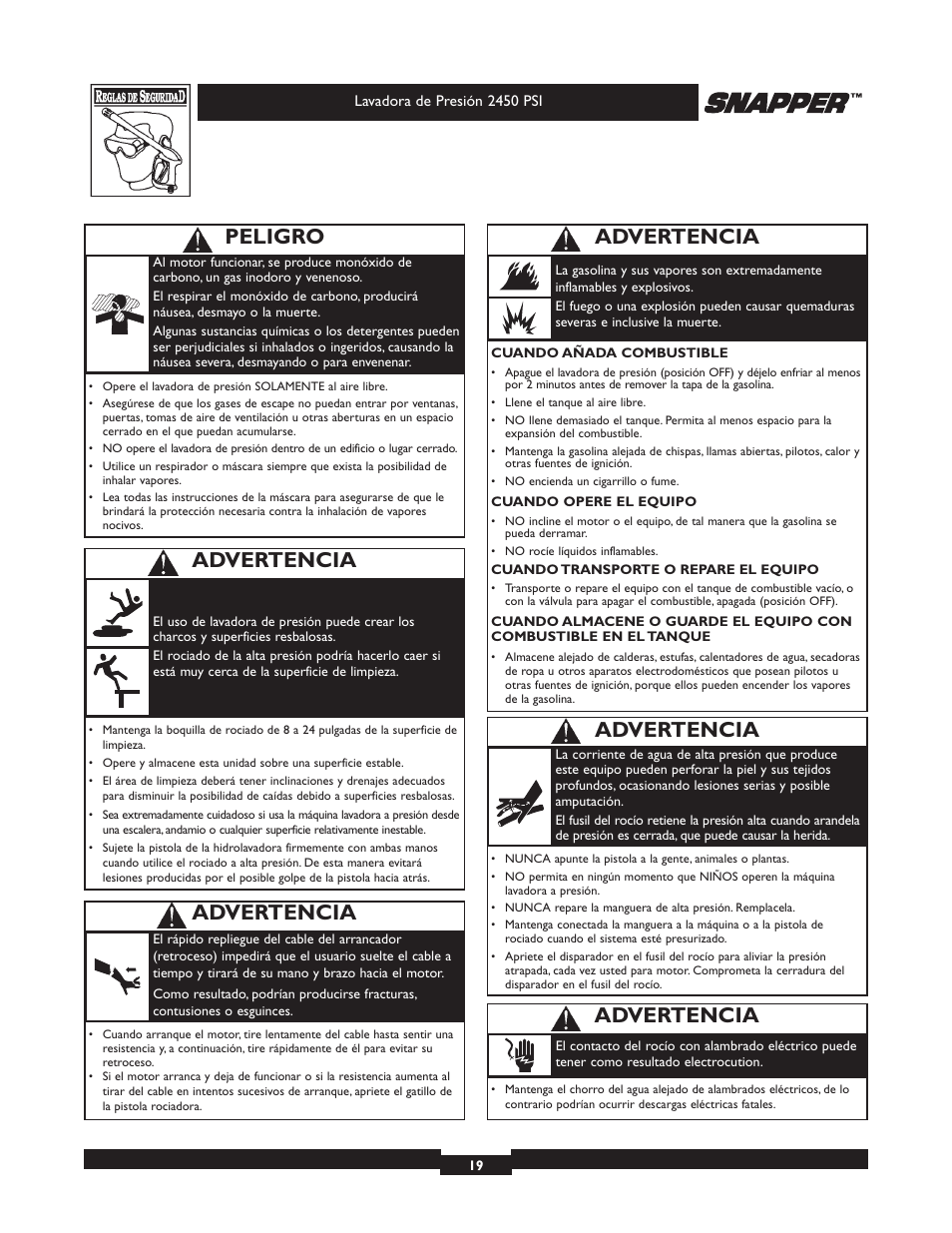 Advertencia, Peligro | Snapper 020229 User Manual | Page 19 / 32