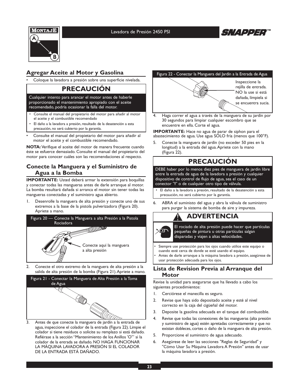 Precaución, Advertencia, Agregar aceite al motor y gasolina | Lista de revision previa al arranque del motor | Snapper 020229 User Manual | Page 23 / 32